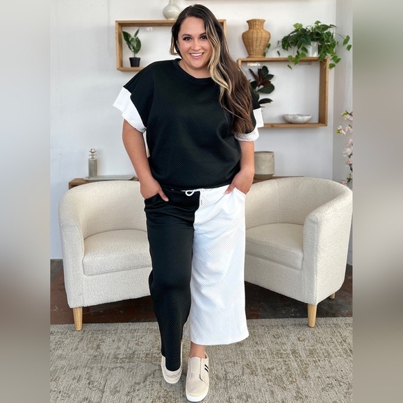 Double Take Full Size Texture Contrast T-Shirt and Wide Leg Pants Set - Picture 11 of 16